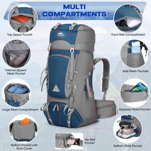 IGOLUMON 60L Hiking Backpack with Rain Cover, Blue-2