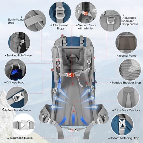 IGOLUMON 60L Hiking Backpack with Rain Cover, Blue-3