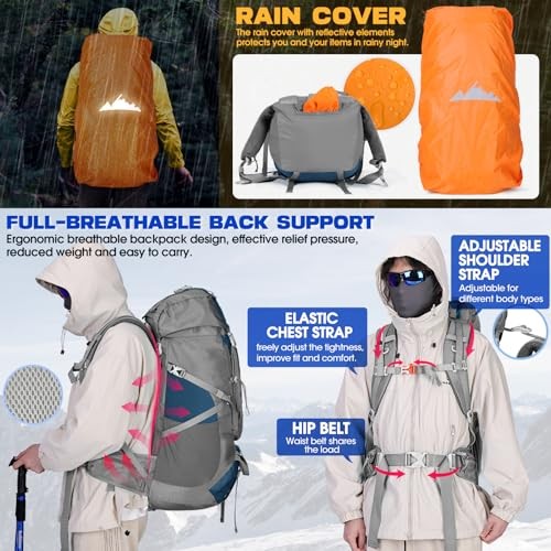 IGOLUMON 60L Hiking Backpack with Rain Cover, Blue-4