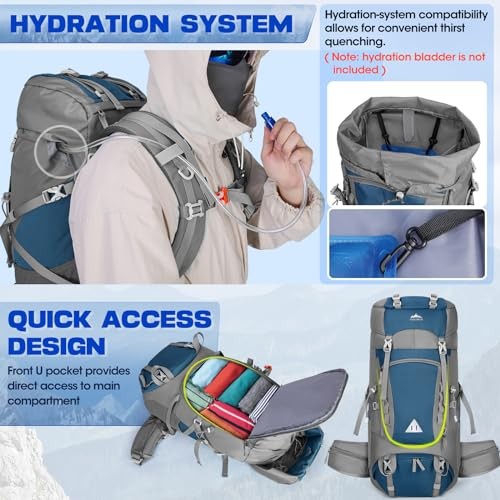 IGOLUMON 60L Hiking Backpack with Rain Cover, Blue-5