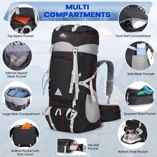IGOLUMON 60L Hiking Backpack with Rain Cover, Black-1