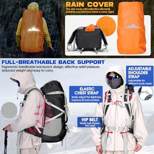 IGOLUMON 60L Hiking Backpack with Rain Cover, Black-3