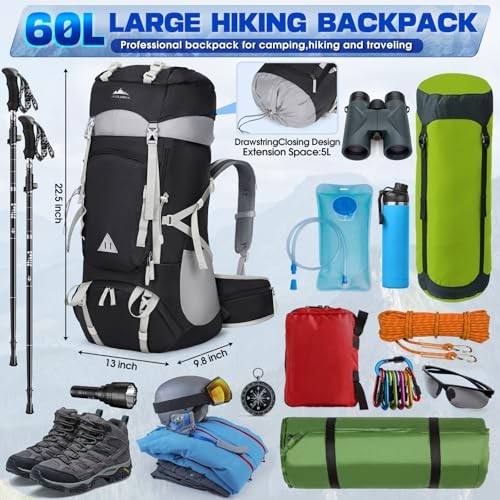 IGOLUMON 60L Hiking Backpack with Rain Cover, Black-5