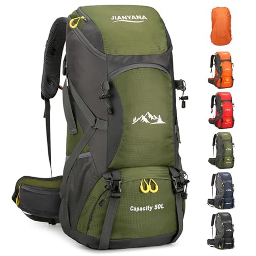 jianyana 50L Waterproof Foldable Hiking Backpack with Rain Cover, Armygreen