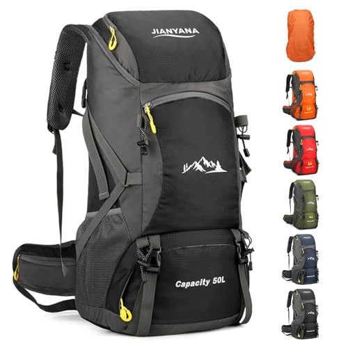 jianyana Waterproof 50L Foldable Hiking Backpack with Rain Cover, Black