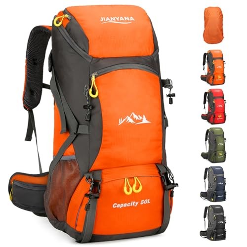 jianyana 50L Waterproof Foldable Hiking Backpack with Rain Cover, Orange