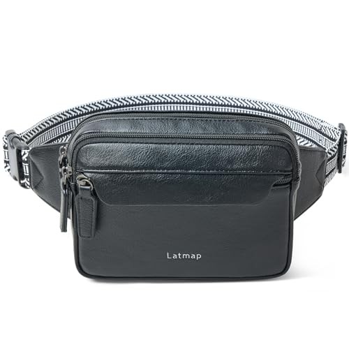 LATMAP 3L Vegan Leather Fanny Pack Crossbody Belt Bag, Black