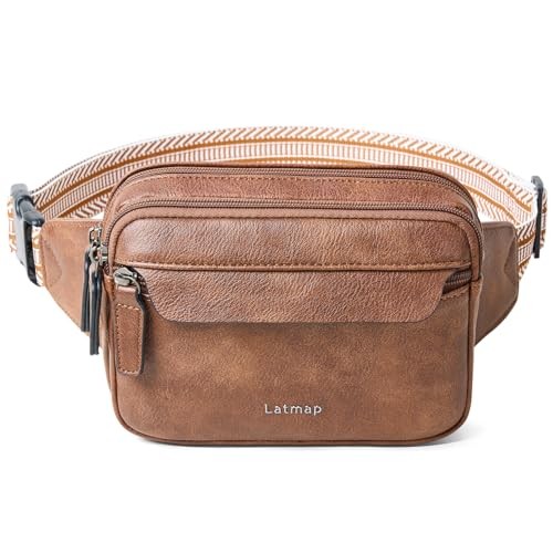 LATMAP 3L Vegan Leather Fanny Pack Crossbody Bag, Brown