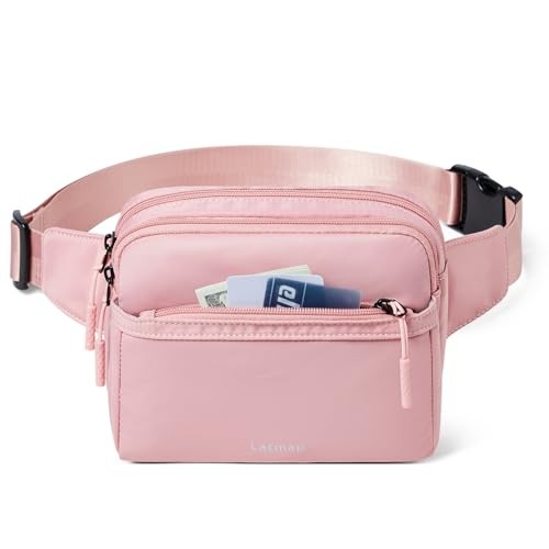 LATMAP 3L Fanny Pack Waist Bag, Pink, 4-Zip Pockets