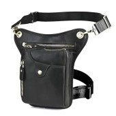 Le'aokuu Genuine Leather Messenger, Waist and Drop Leg Bag for Men, Black / Black