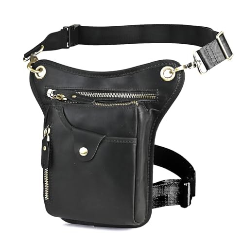Le'aokuu Genuine Leather Messenger, Waist and Drop Leg Bag for Men, Black / Black