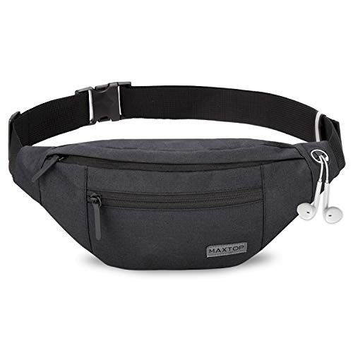 MAXTOP Large Black Bumbag Waist Fanny Pack with Headphone Jack and 4 Zipper Pockets