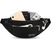 MAXTOP Large All Black Bumbag Waist Fanny Pack with Headphone Jack and 4 Zipper Pockets