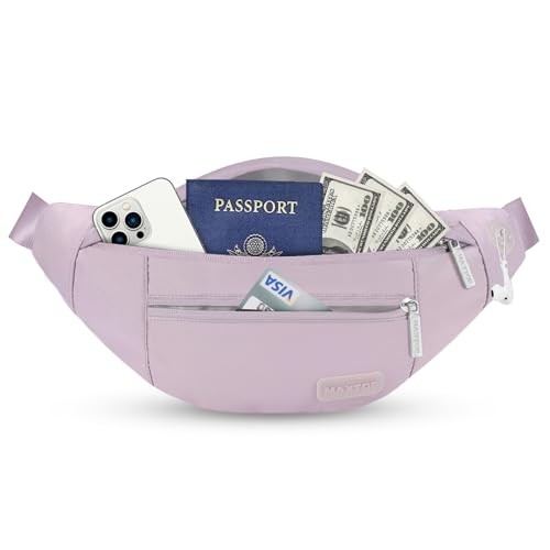 MAXTOP Large Bumbag Waist Fanny Pack with Headphone Jack, 4 Zipper Pockets, Lavender Purple