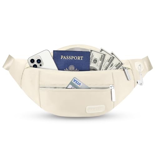 MAXTOP Large Beige Bumbag Waist Pack with Headphone Jack and 4 Zipper Pockets