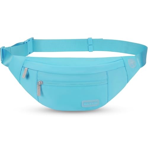 MAXTOP Large Waist Fanny Pack with Headphone Jack, 4 Zipper Pockets, Water Blue