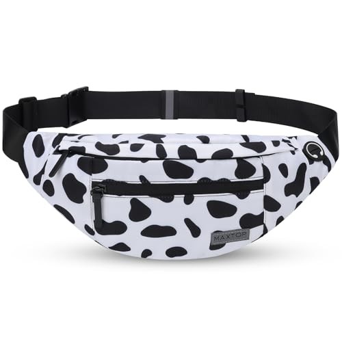 MAXTOP Large Bumbag Waist Fanny Pack with Headphone Jack, 4 Zipper Pockets, Cow Print White