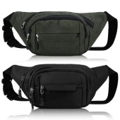 Meng Jiaran 2 Pack Waterproof Bum Bags, Black and Grey Green, 4 Zip Pockets, Adjustable Belt