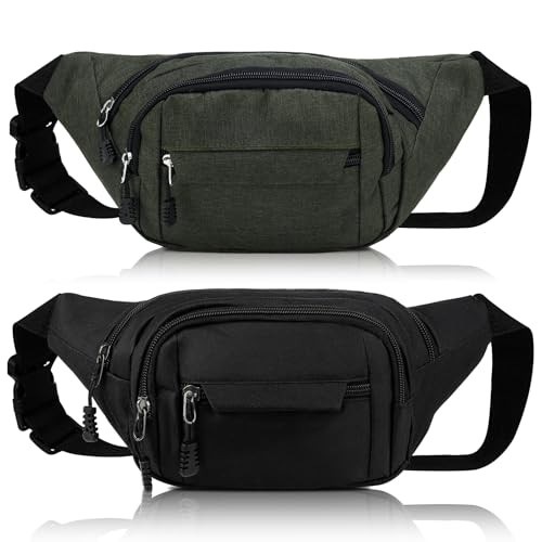 Meng Jiaran 2 Pack Waterproof Bum Bags, Black and Grey Green, 4 Zip Pockets, Adjustable Belt