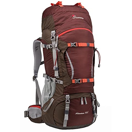 MOUNTAINTOP 70L Internal Frame Hiking Backpack with Rain Cover, Maroon