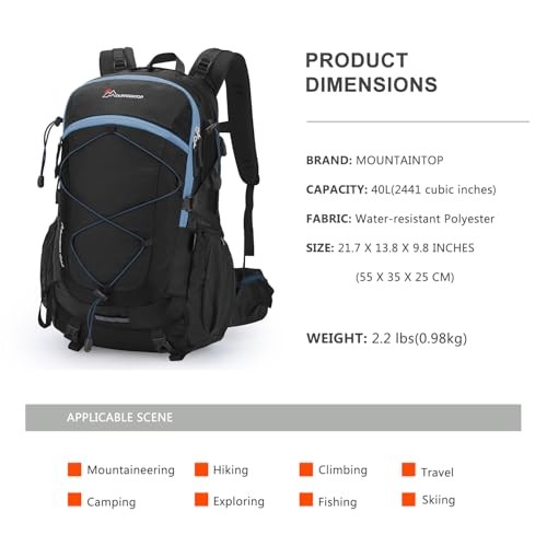MOUNTAINTOP 40L Hiking Backpack, Water-Resistant Trekking Rucksack, 55 x 35 x 25 cm, 40l-black Blue-1