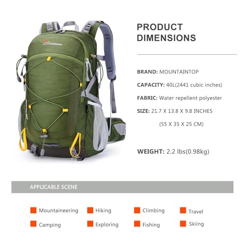 MOUNTAINTOP 40L Hiking Backpack, Army Green, 55 x 35 x 25 cm-2