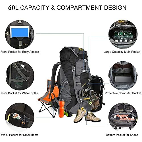 NACATIN 60L Hiking Backpack, Water-Resistant Rucksack, Black-3