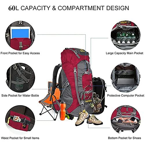 NACATIN 60L Hiking Backpack Rucksack, Red-3