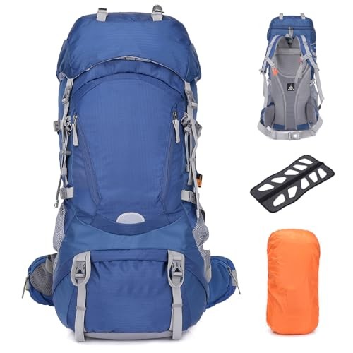 Outplea 60L Internal Frame Hiking Backpack with Rain Cover, Blue