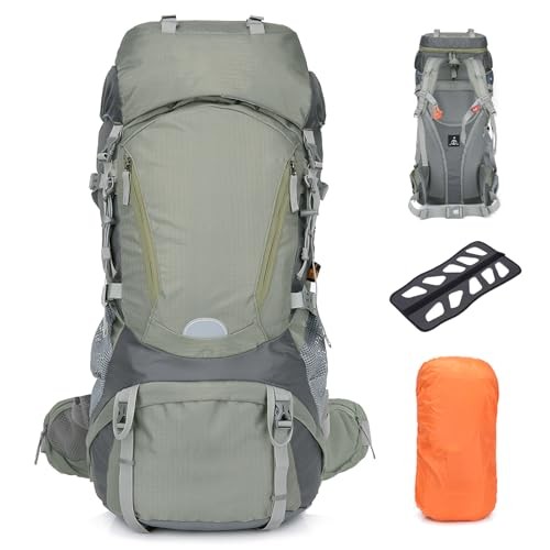Outplea 60L Internal Frame Hiking Backpack with Rain Cover, Green