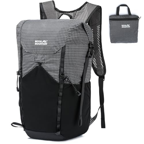 POWER KING 25L Lightweight Foldable Hiking Backpack, Plaid Grey