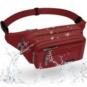 REETEE Waterproof Bum Bag with 5 Zipper Pockets, Adjustable Belt, A-Deep Red