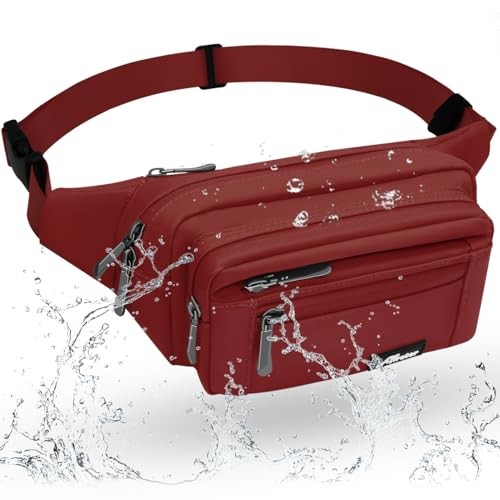 REETEE Waterproof Bum Bag with 5 Zipper Pockets, Adjustable Belt, A-Deep Red