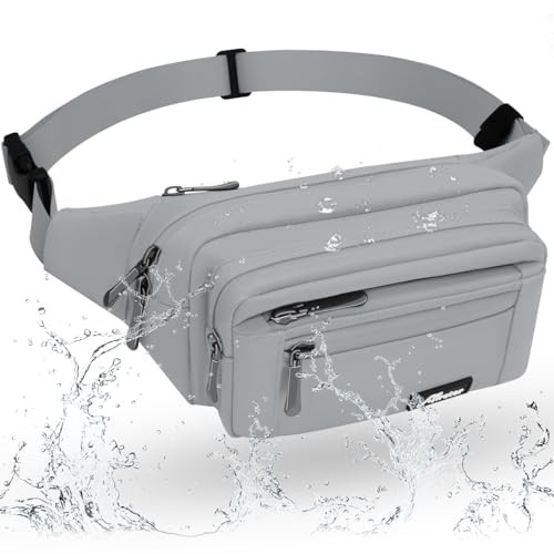 REETEE Waterproof Bum Bag with 5 Zipper Pockets, A-Grey
