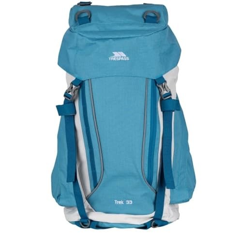 Trespass Trek 33 33L Hiking and Travel Rucksack with Padded Straps, Hip Belt, Rain Cover, Storm Blue/Soft Stone
