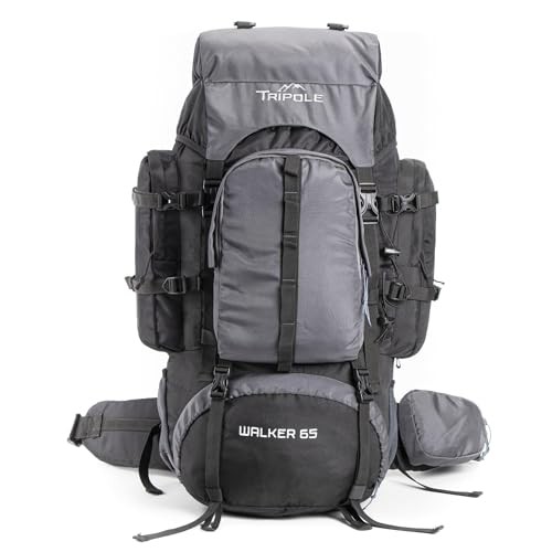 Tripole Walker 65L Hiking Backpack with 20L Day Pack, Laptop Compartment, Internal Frame and Rain Cover, Black