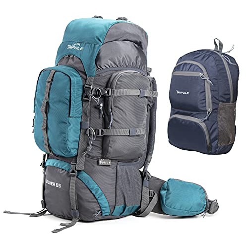 Tripole Walker 65 litre hiking backpack with laptop compartment, internal frame and rain cover, Sea Green
