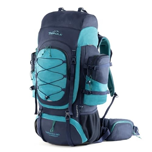 Tripole Walker Pro 80L Hiking Backpack with Laptop Compartment, Internal Frame and Rain Cover, Navy Blue