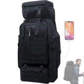 Vaupan 80L Camping Hiking Backpack with USB Port and Carabiner, Black-biner
