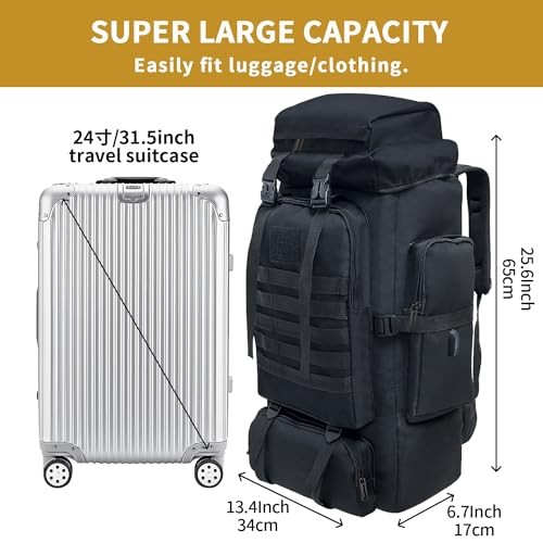 Vaupan 80L Hiking Backpack with USB Charging Port, Waterproof MOLLE Rucksack, Black-2