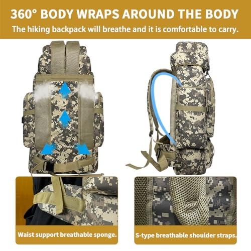Vaupan 80L Hiking Backpack with USB Charging Port, City Camo-4