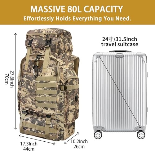Vaupan 80L Hiking Backpack with USB Charging Port, MOLLE Rucksack, City Camo-Biner-2