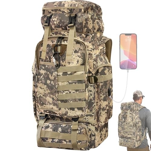 Vaupan 80L Hiking Backpack with USB Charging Port, MOLLE Rucksack, City Camo-Biner