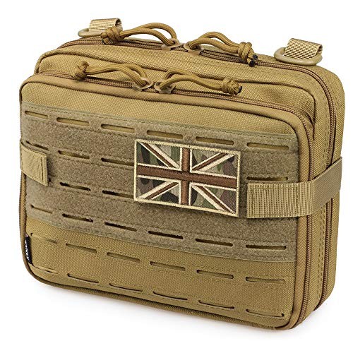 WYNEX Tactical Molle Admin Pouch, Khaki, Size M, Laser Cut Design with Map Pocket and UK Flag Patch