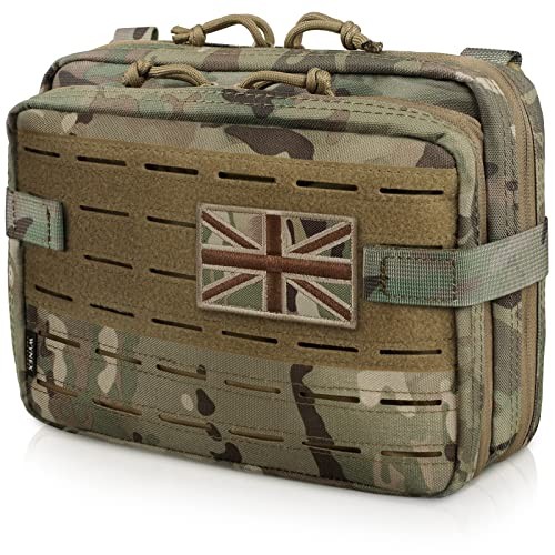 WYNEX Tactical Molle Admin Pouch, Laser Cut Utility Pouch with Map Pocket, Tool Holder and UK Flag Patch, Cp Camo, Free Size