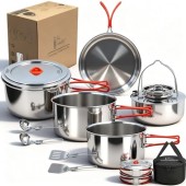 Ipretti 18/8 Stainless Steel Camping Cookware Set for 6 to 8 People with Utensils, Kettle and Carrying Bag