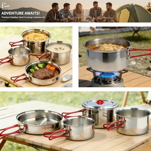 Ipretti 18/8 Stainless Steel Camping Cookware Set for 6 to 8 People with Utensils, Kettle and Carrying Bag-2