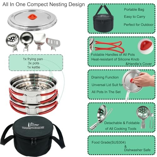 Ipretti 18/8 Stainless Steel Camping Cookware Set for 6 to 8 People with Utensils, Kettle and Carrying Bag-4