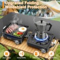 iPalamila 2-Burner Pro Camping Stove, 7000W, foldable portable gas stove with wind shield, grill pan and carry bag