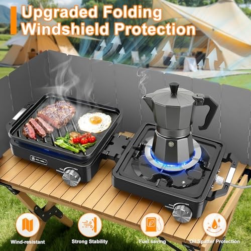 iPalamila 2-Burner Pro Camping Stove, 7000W, foldable portable gas stove with wind shield, grill pan and carry bag-2